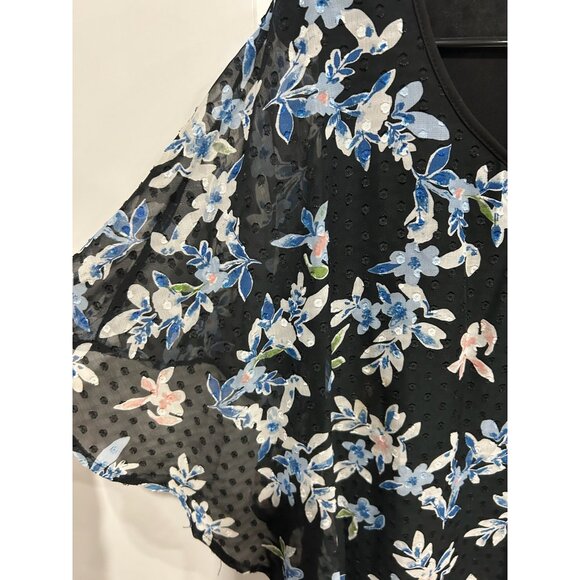 Notations Floral Chiffon Poncho Blouse Black Blue Sz XL Clip Dot Rhinestone Boho - Picture 4 of 11